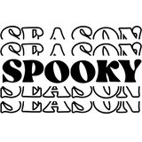 The word "SPOOKY" is displayed in large, bold black letters. Above and below are decorative, stylized rows of text in black and white with curvy, interconnected lettering.