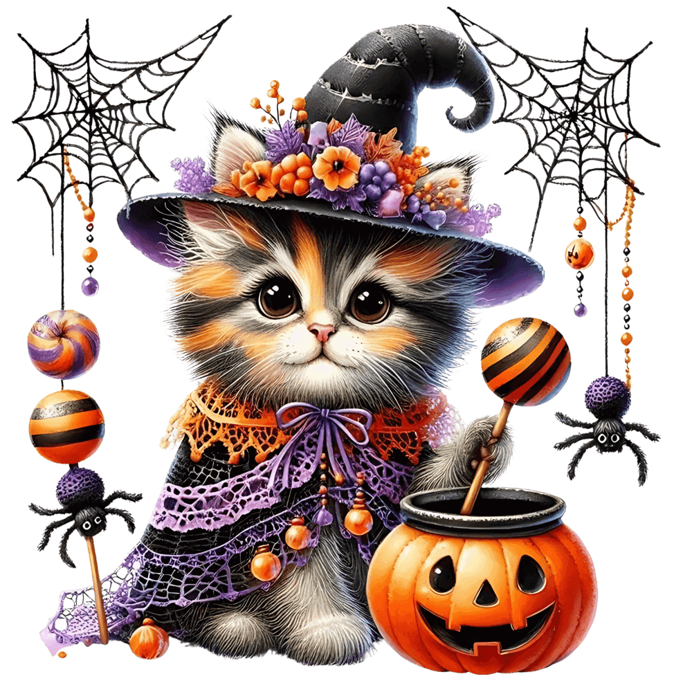 A cute kitten wearing a witch's hat adorned with flowers sits beside a jack-o'-lantern, surrounded by spider webs, spiders, and Halloween-themed orange and purple decorative elements.