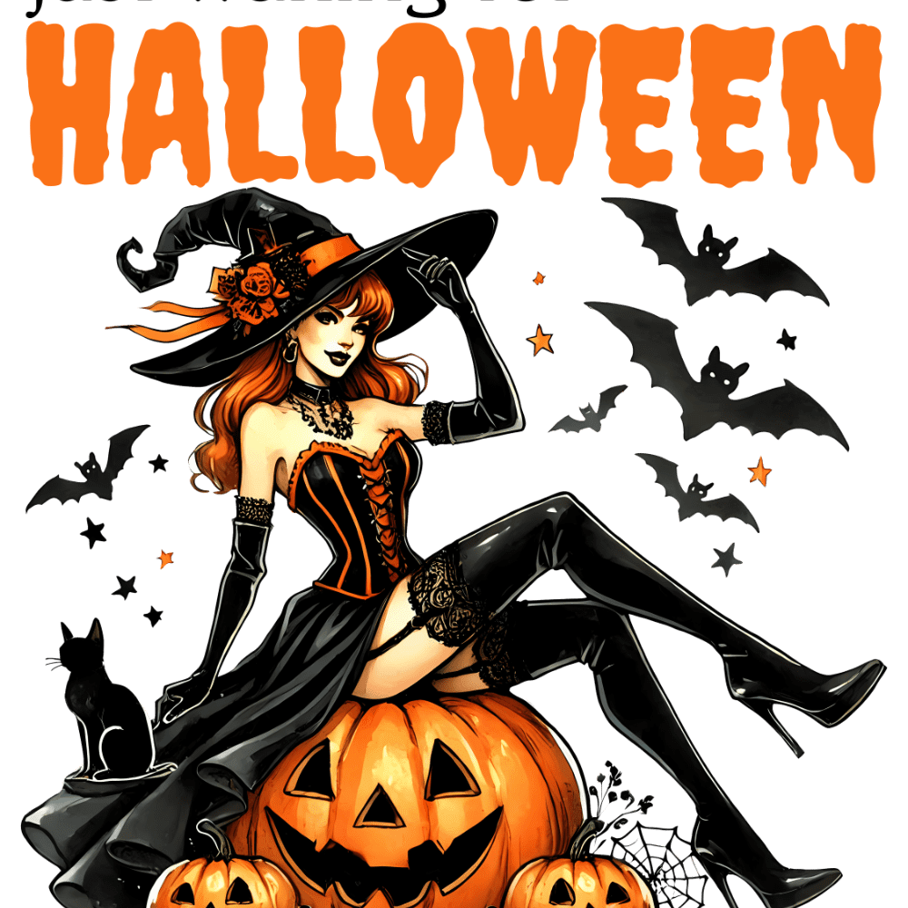 A witch in a black and orange outfit sits on jack-o'-lanterns, surrounded by bats, stars, and a black cat. Text reads: "just waiting for HALLOWEEN" in orange and black letters.