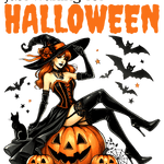 A witch in a black and orange outfit sits on jack-o'-lanterns, surrounded by bats, stars, and a black cat. Text reads: "just waiting for HALLOWEEN" in orange and black letters.