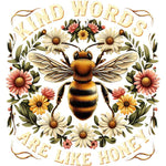 Detailed illustration of a bumblebee surrounded by white and pink daisies with 'Kind Words Are Like Home' text