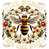 Detailed illustration of a bumblebee surrounded by white and pink daisies with 'Kind Words Are Like Home' text
