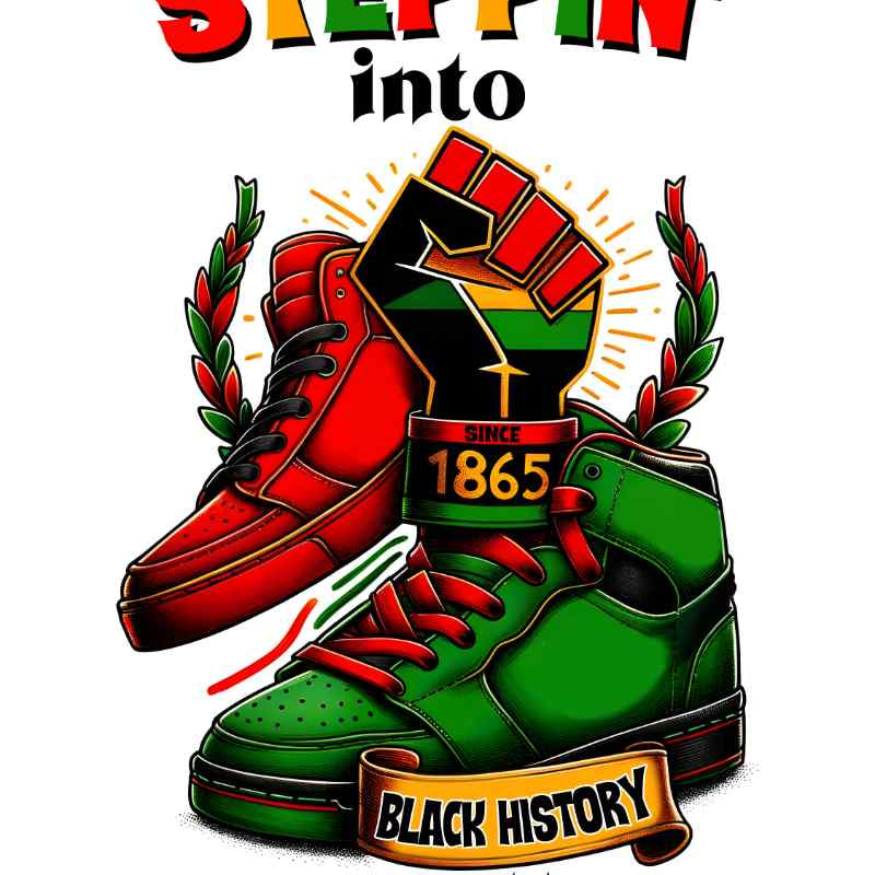 Red and green sneakers with raised black fist, Black History Month design featuring 1865 date