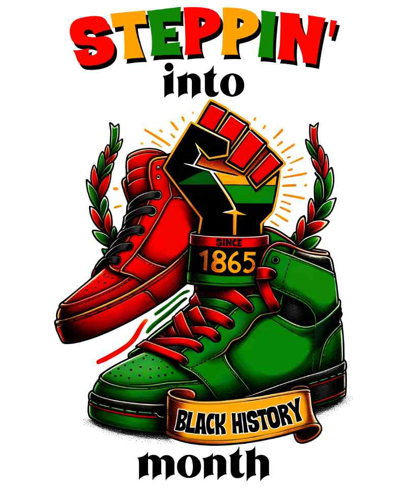 Red and green sneakers with raised black fist, Black History Month design featuring 1865 date