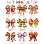 Nine decorative bows in autumn colors, each labeled with a biblical reference representing spiritual gifts: Salvation, Rest, Blessings, Grace, Peace, Victory, Love, Strength, and Forgiveness. Title reads "I Am THANKFUL FOR".