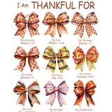 Nine decorative bows in autumn colors, each labeled with a biblical reference representing spiritual gifts: Salvation, Rest, Blessings, Grace, Peace, Victory, Love, Strength, and Forgiveness. Title reads "I Am THANKFUL FOR".