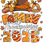 Thanksgiving-themed illustration with a pilgrim hat, pumpkins, autumn leaves, and decorative text reading "FAMILY Thanksgiving 2023" and "THANKFUL FOR MY TRIBE" in autumn colors of orange, red, and brown.