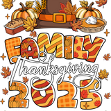 Thanksgiving-themed illustration with a pilgrim hat, pumpkins, autumn leaves, and decorative text reading "FAMILY Thanksgiving 2023" and "THANKFUL FOR MY TRIBE" in autumn colors of orange, red, and brown.