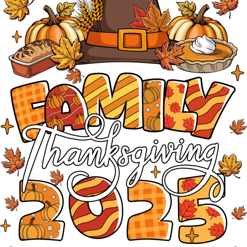 Thanksgiving-themed illustration with a pilgrim hat, pumpkins, autumn leaves, and decorative text reading "FAMILY Thanksgiving 2023" and "THANKFUL FOR MY TRIBE" in autumn colors of orange, red, and brown.