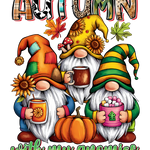 Three whimsical gnomes with long white beards sit together, wearing colorful autumn-themed hats adorned with sunflowers. They hold different beverages and are positioned near a pumpkin. The word "AUTUMN" is stylized above them, and "with my gnomies" appears below.