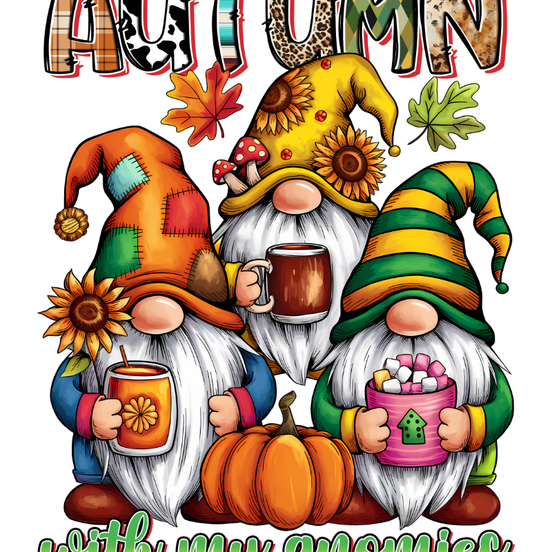 Three whimsical gnomes with long white beards sit together, wearing colorful autumn-themed hats adorned with sunflowers. They hold different beverages and are positioned near a pumpkin. The word "AUTUMN" is stylized above them, and "with my gnomies" appears below.