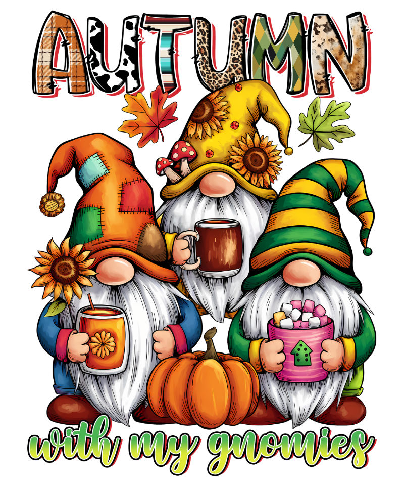 Three whimsical gnomes with long white beards sit together, wearing colorful autumn-themed hats adorned with sunflowers. They hold different beverages and are positioned near a pumpkin. The word "AUTUMN" is stylized above them, and "with my gnomies" appears below.