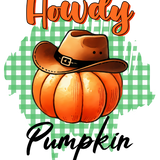 A cartoon orange pumpkin wearing a brown cowboy hat sits on a green gingham background. Text reads "Howdy Pumpkin" in playful orange and black lettering.