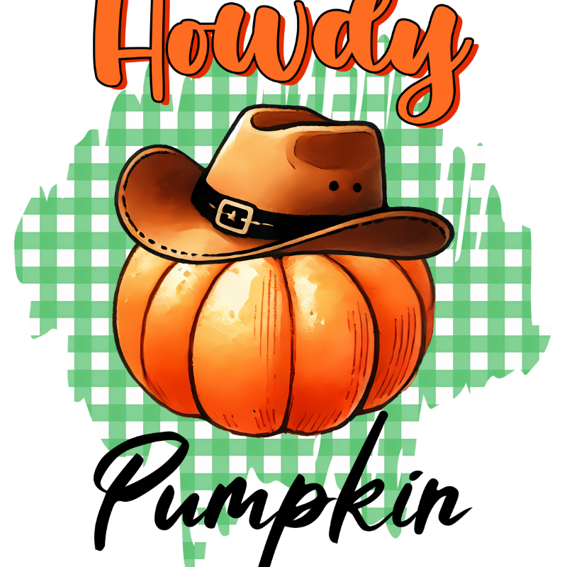 A cartoon orange pumpkin wearing a brown cowboy hat sits on a green gingham background. Text reads "Howdy Pumpkin" in playful orange and black lettering.