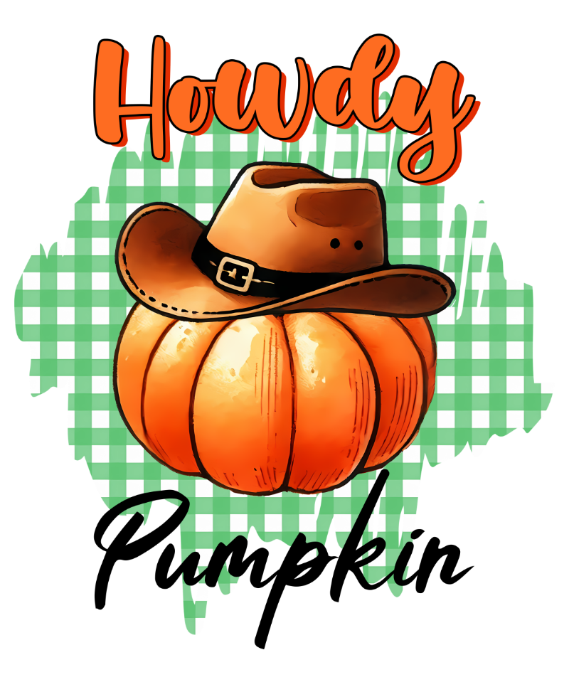 A cartoon orange pumpkin wearing a brown cowboy hat sits on a green gingham background. Text reads "Howdy Pumpkin" in playful orange and black lettering.