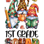 Three autumn-themed gnomes with different patterned hats holding a pencil, pumpkin, and book, surrounded by maple leaves. Text reads: "1ST GRADE SQUAD" in stylized lettering with fall-themed patterns.