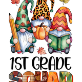 Three autumn-themed gnomes with different patterned hats holding a pencil, pumpkin, and book, surrounded by maple leaves. Text reads: "1ST GRADE SQUAD" in stylized lettering with fall-themed patterns.
