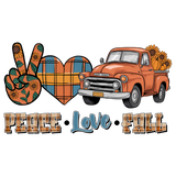 Vintage orange pickup truck alongside stylized "Peace", "Love", and "Fall" text with sunflower-patterned peace sign and heart, featuring plaid and autumnal color scheme.