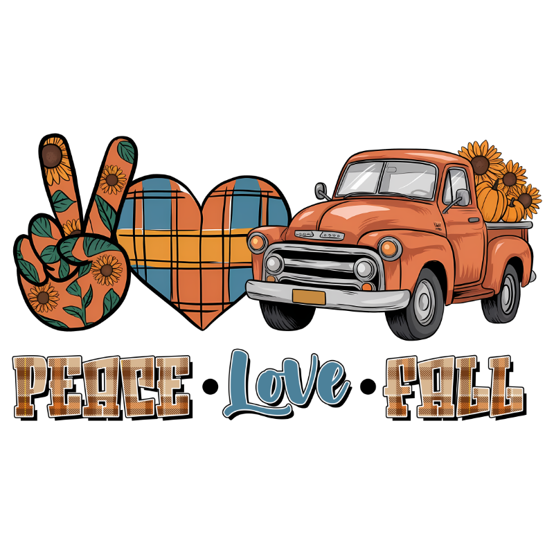Vintage orange pickup truck alongside stylized "Peace", "Love", and "Fall" text with sunflower-patterned peace sign and heart, featuring plaid and autumnal color scheme.