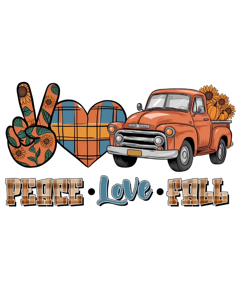 Vintage orange pickup truck alongside stylized "Peace", "Love", and "Fall" text with sunflower-patterned peace sign and heart, featuring plaid and autumnal color scheme.
