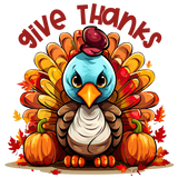 A cartoon turkey with blue body, brown and orange feathers sits between pumpkins and autumn leaves. "Give Thanks" text curves above in red letters.