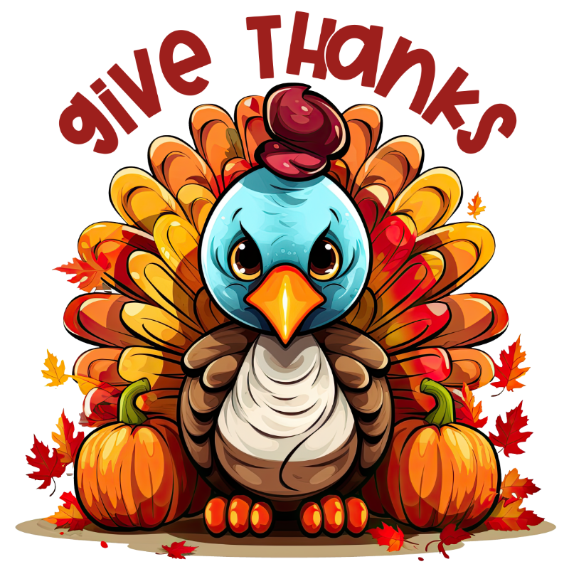 A cartoon turkey with blue body, brown and orange feathers sits between pumpkins and autumn leaves. "Give Thanks" text curves above in red letters.