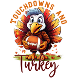 A cartoon turkey with blue and white feathers, holding an orange football, surrounded by autumn maple leaves. Text reads "Touchdowns and Turkey" in orange and burgundy lettering.