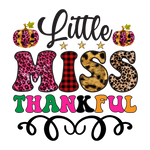 The text "Little MISS THANKFUL" is styled in vibrant colors and animal print patterns, with decorative pumpkins on the sides and three stars above, set against a white background.