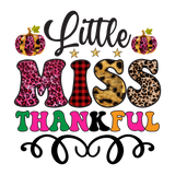 The text "Little MISS THANKFUL" is styled in vibrant colors and animal print patterns, with decorative pumpkins on the sides and three stars above, set against a white background.
