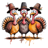 Three cartoon turkeys wearing Pilgrim hats, with exaggerated eyes and expressive faces, standing side by side on a splattered background. Each turkey has distinctive coloring - yellow, gray, and orange-brown.