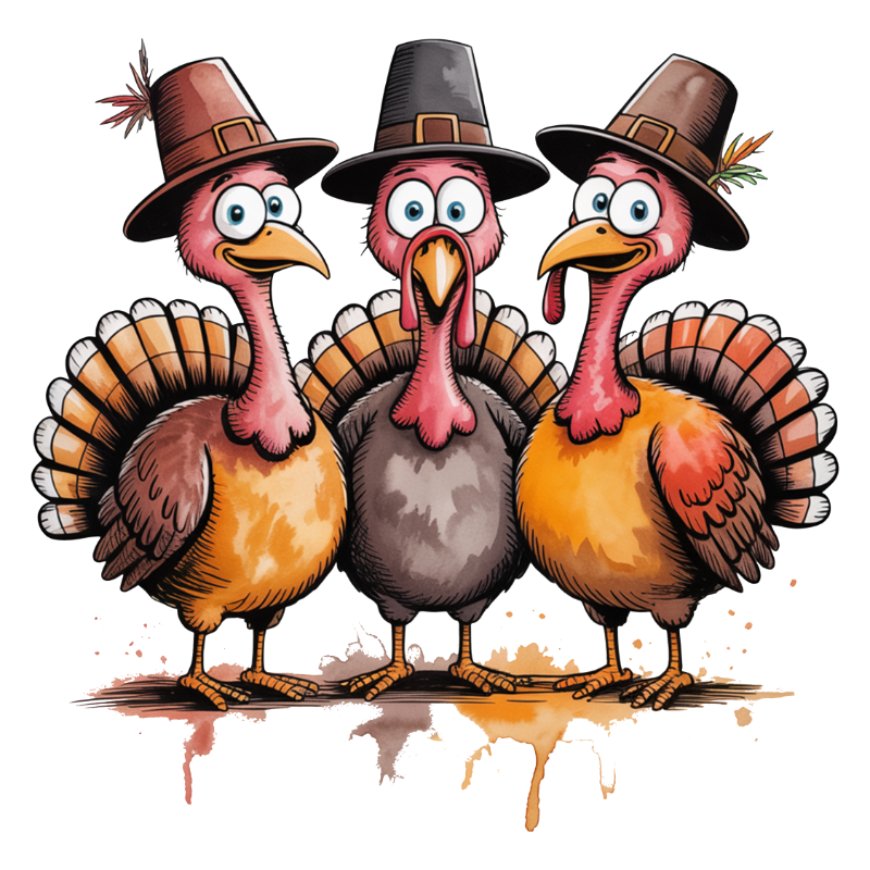 Three cartoon turkeys wearing Pilgrim hats, with exaggerated eyes and expressive faces, standing side by side on a splattered background. Each turkey has distinctive coloring - yellow, gray, and orange-brown.