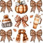 Autumn-themed illustration featuring leopard print bows, a plaid pumpkin with bow, knit beanie, gingham bow, plaid scarf, and tumbler in orange, brown, and white tones with sparkle accents.