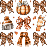 Autumn-themed illustration featuring leopard print bows, a plaid pumpkin with bow, knit beanie, gingham bow, plaid scarf, and tumbler in orange, brown, and white tones with sparkle accents.