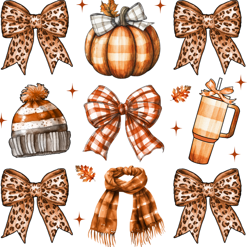 Autumn-themed illustration featuring leopard print bows, a plaid pumpkin with bow, knit beanie, gingham bow, plaid scarf, and tumbler in orange, brown, and white tones with sparkle accents.