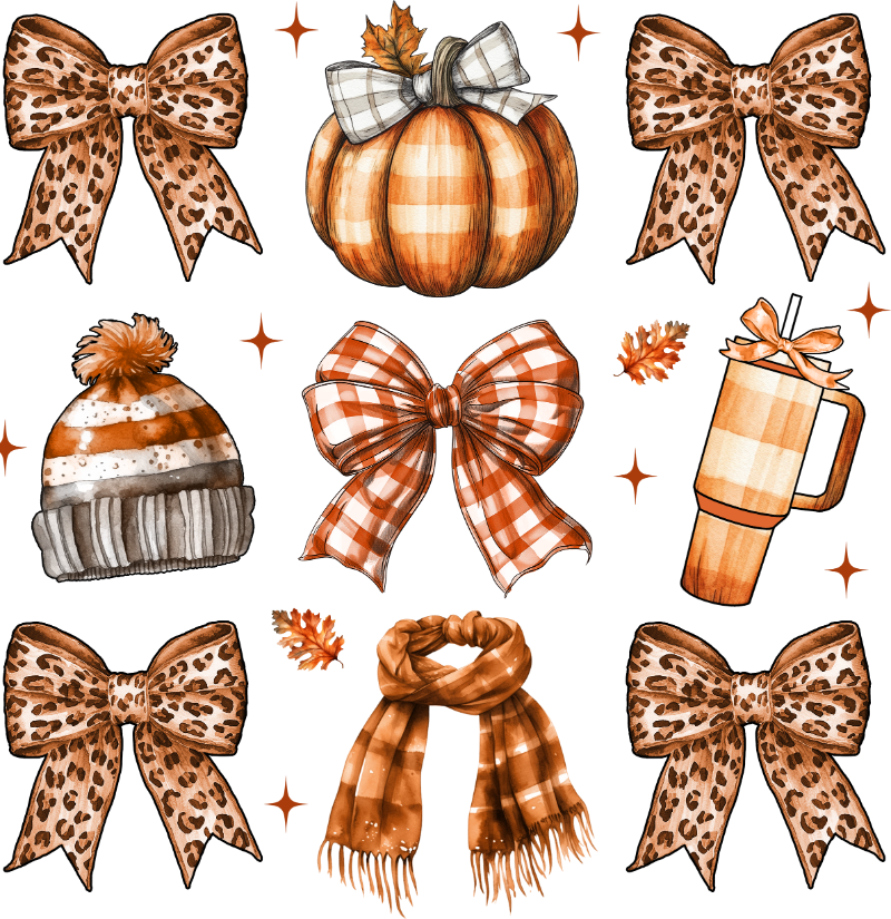 Autumn-themed illustration featuring leopard print bows, a plaid pumpkin with bow, knit beanie, gingham bow, plaid scarf, and tumbler in orange, brown, and white tones with sparkle accents.