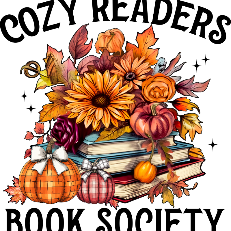 The text reads "COZY READERS BOOK SOCIETY". The image depicts a stack of books surrounded by autumn-themed elements: sunflowers, pumpkins with bows, maple leaves, roses, and sparkling stars, creating a warm, inviting reading atmosphere.
