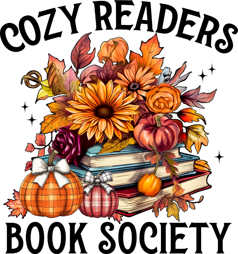 The text reads "COZY READERS BOOK SOCIETY". The image depicts a stack of books surrounded by autumn-themed elements: sunflowers, pumpkins with bows, maple leaves, roses, and sparkling stars, creating a warm, inviting reading atmosphere.