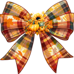 A large decorative bow in autumn plaid colors with yellow, orange, and red tones, centered with sunflowers and pumpkins, creating a festive fall-themed accessory.