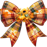 A large decorative bow in autumn plaid colors with yellow, orange, and red tones, centered with sunflowers and pumpkins, creating a festive fall-themed accessory.