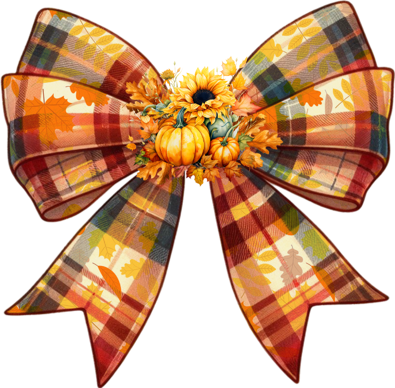 A large decorative bow in autumn plaid colors with yellow, orange, and red tones, centered with sunflowers and pumpkins, creating a festive fall-themed accessory.