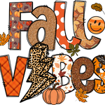 A festive autumn-themed graphic spelling "FALL VIBES" with glittery, patterned letters featuring leopard print, polka dots, plaid, and leaf designs, surrounded by orange maple leaves and a pumpkin.