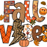 A festive autumn-themed graphic spelling "FALL VIBES" with glittery, patterned letters featuring leopard print, polka dots, plaid, and leaf designs, surrounded by orange maple leaves and a pumpkin.