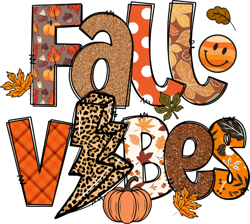 A festive autumn-themed graphic spelling "FALL VIBES" with glittery, patterned letters featuring leopard print, polka dots, plaid, and leaf designs, surrounded by orange maple leaves and a pumpkin.