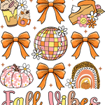 Whimsical fall-themed illustration with orange bows, disco ball, pumpkins, flowers, and the text "Fall Vibes" in pink and yellow cursive letters, featuring a cute, pastel color palette.