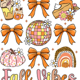 Whimsical fall-themed illustration with orange bows, disco ball, pumpkins, flowers, and the text "Fall Vibes" in pink and yellow cursive letters, featuring a cute, pastel color palette.