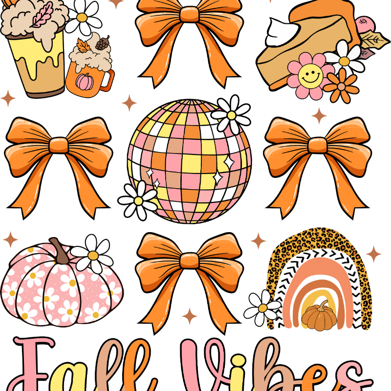 Whimsical fall-themed illustration with orange bows, disco ball, pumpkins, flowers, and the text "Fall Vibes" in pink and yellow cursive letters, featuring a cute, pastel color palette.