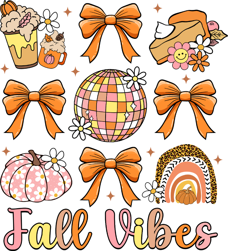 Whimsical fall-themed illustration with orange bows, disco ball, pumpkins, flowers, and the text "Fall Vibes" in pink and yellow cursive letters, featuring a cute, pastel color palette.