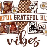 Stylized lettering "THANKFUL GRATEFUL BLESSED" with decorative letters featuring plaid, floral, checkered, and leopard print patterns, interspersed with white daisy flowers.