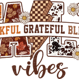 Stylized lettering "THANKFUL GRATEFUL BLESSED" with decorative letters featuring plaid, floral, checkered, and leopard print patterns, interspersed with white daisy flowers.