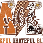 Fall-themed graphic design with leopard print, checkered, and plaid letters spelling "FALL" with "Vibes" written in script, surrounded by white daisies. Text below reads: "THANKFUL GRATEFUL BLESSED"